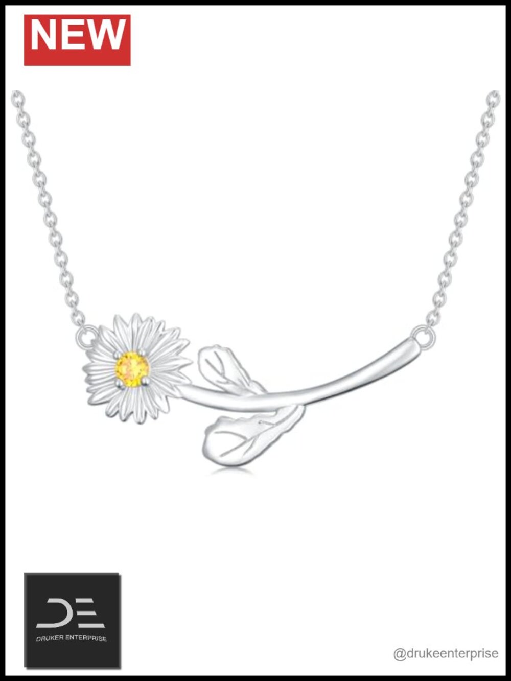 S925 Sterling Silver Citrine Daisy Pendant Necklace 18in Adjustable